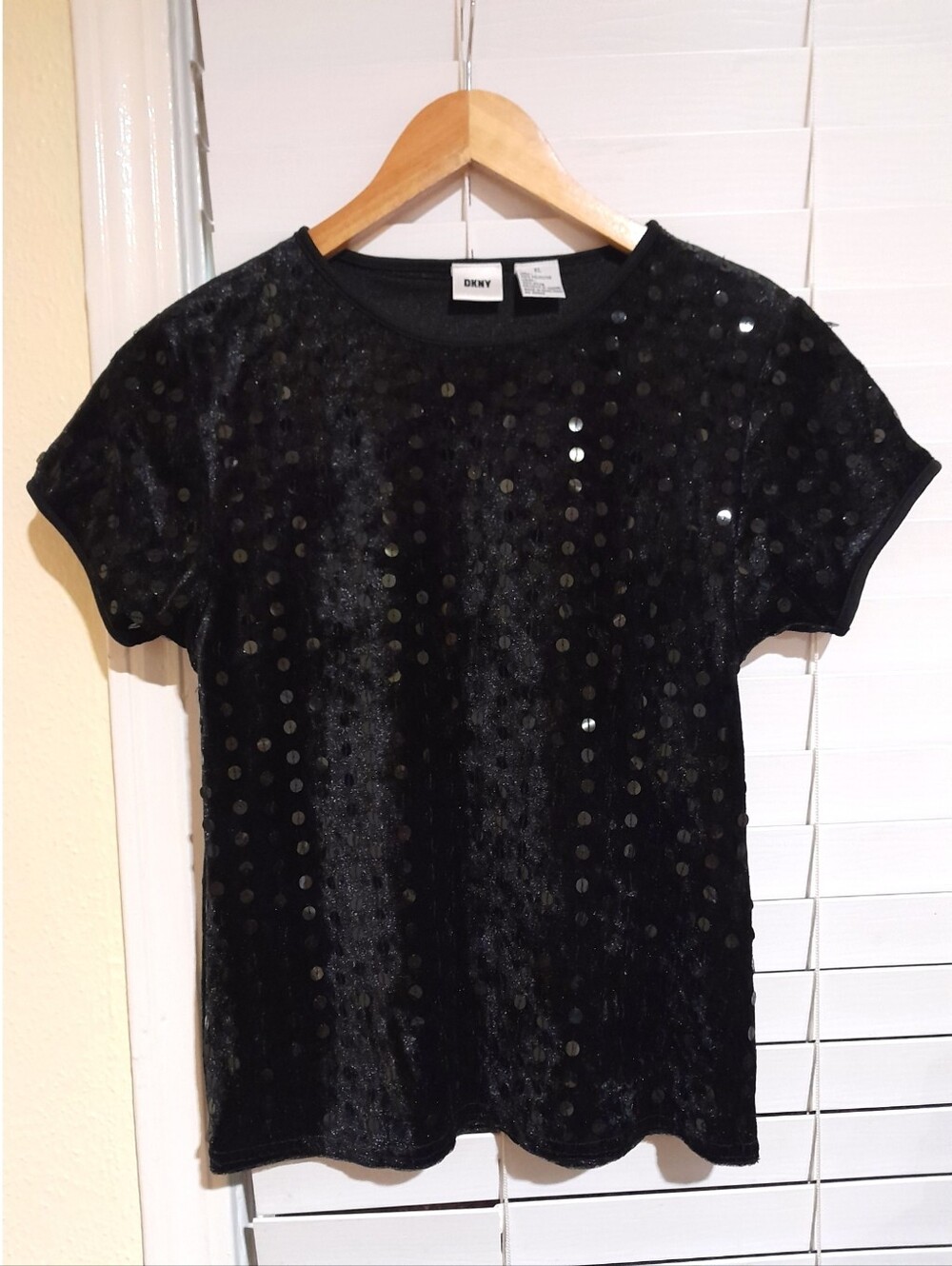 Y2k vintage sequin sparkly bling velvet DKNY casua blackl top XL